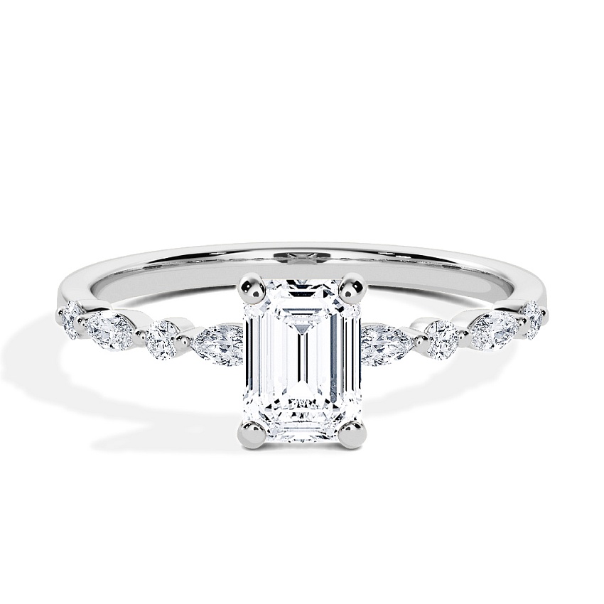 Engagement Ring Platinum - 0.54ct Emerald - Model N°3018, Side-Stone Engagement Ring Platinum - 0.54ct Emerald - Model N°3018, Side-Stone