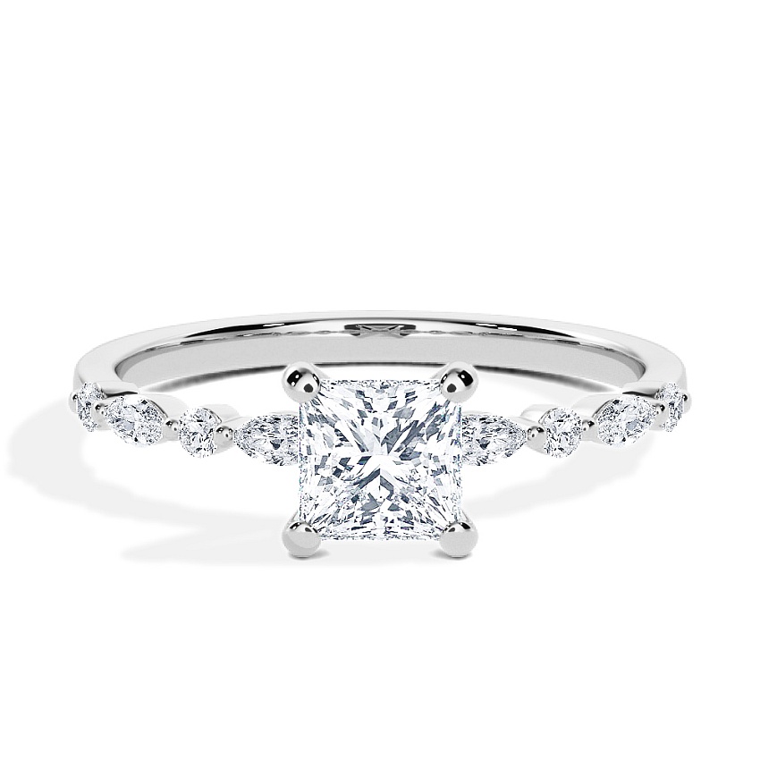 Engagement Ring Platinum - 0.54ct Princess - Model N°3018, Side-Stone Engagement Ring Platinum - 0.54ct Princess - Model N°3018, Side-Stone