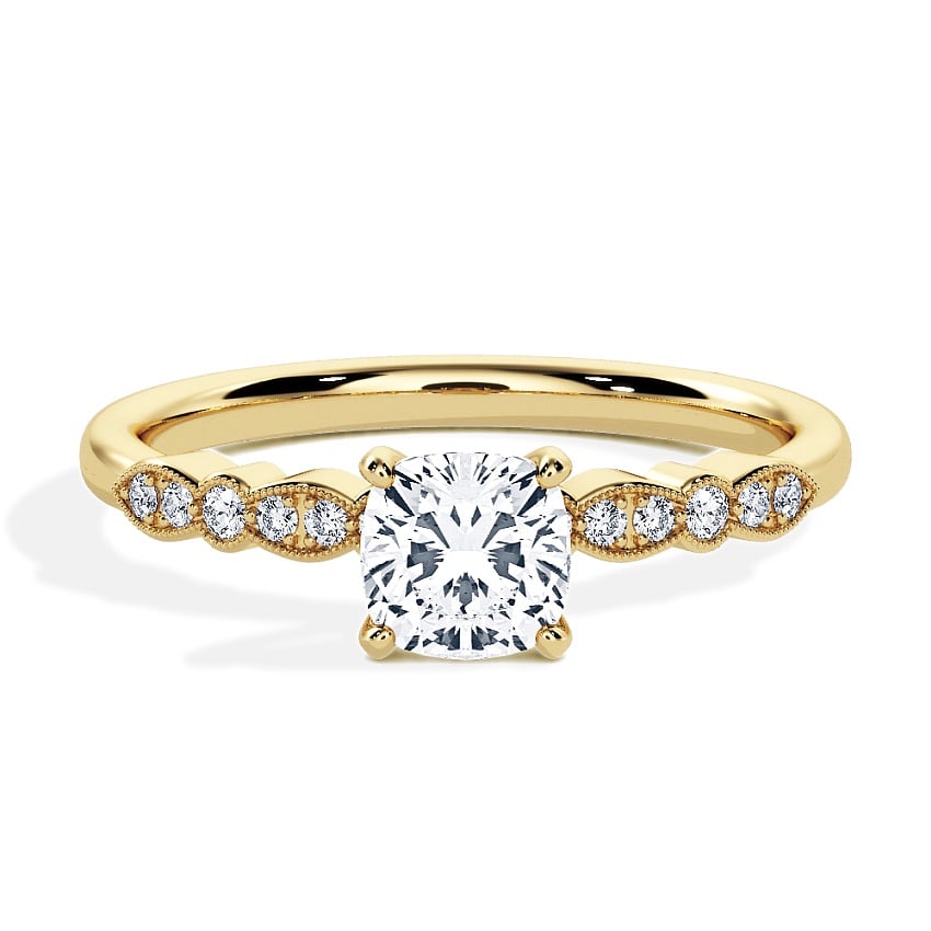 Engagement Ring Yellow Gold - 0.64ct Diamonds - Model N°3019 Cushion, Side-Stone, Pavé Engagement Ring Yellow Gold - 0.64ct Diamonds - Model N°3019 Cushion, Side-Stone, Pavé