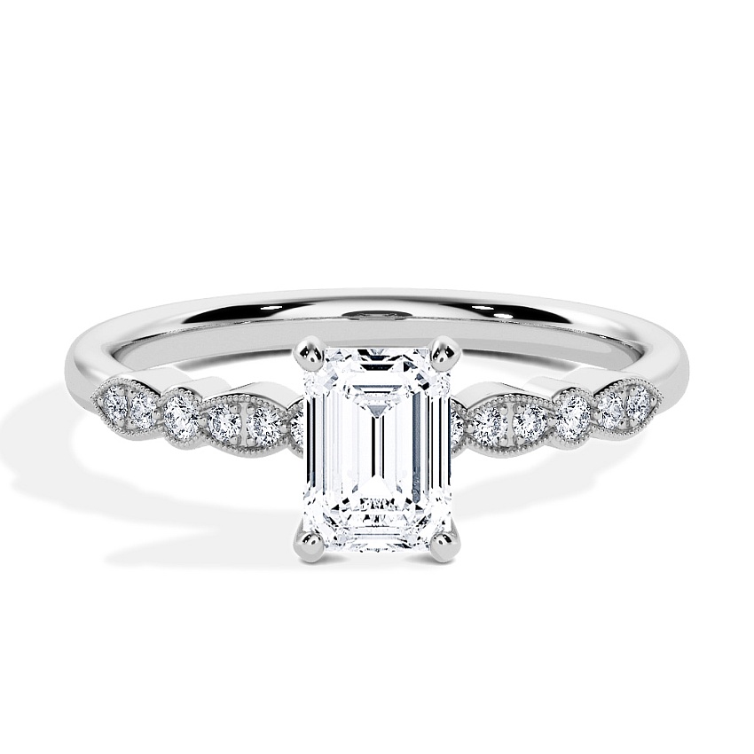 Engagement Ring Platinum - 0.44ct Emerald - Model N°3019, Side-Stone, Pavé Engagement Ring Platinum - 0.44ct Emerald - Model N°3019, Side-Stone, Pavé