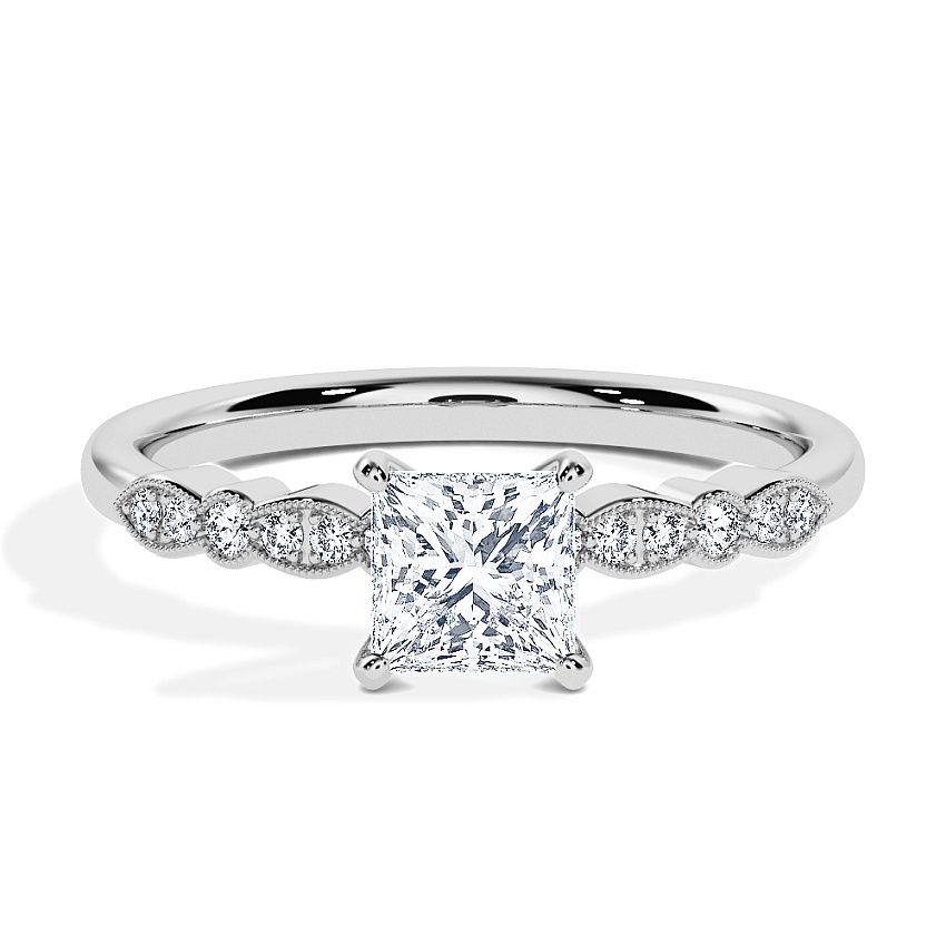 Engagement Ring Platinum - 0.44ct Princess - Model N°3019, Side-Stone, Pavé Engagement Ring Platinum - 0.44ct Princess - Model N°3019, Side-Stone, Pavé