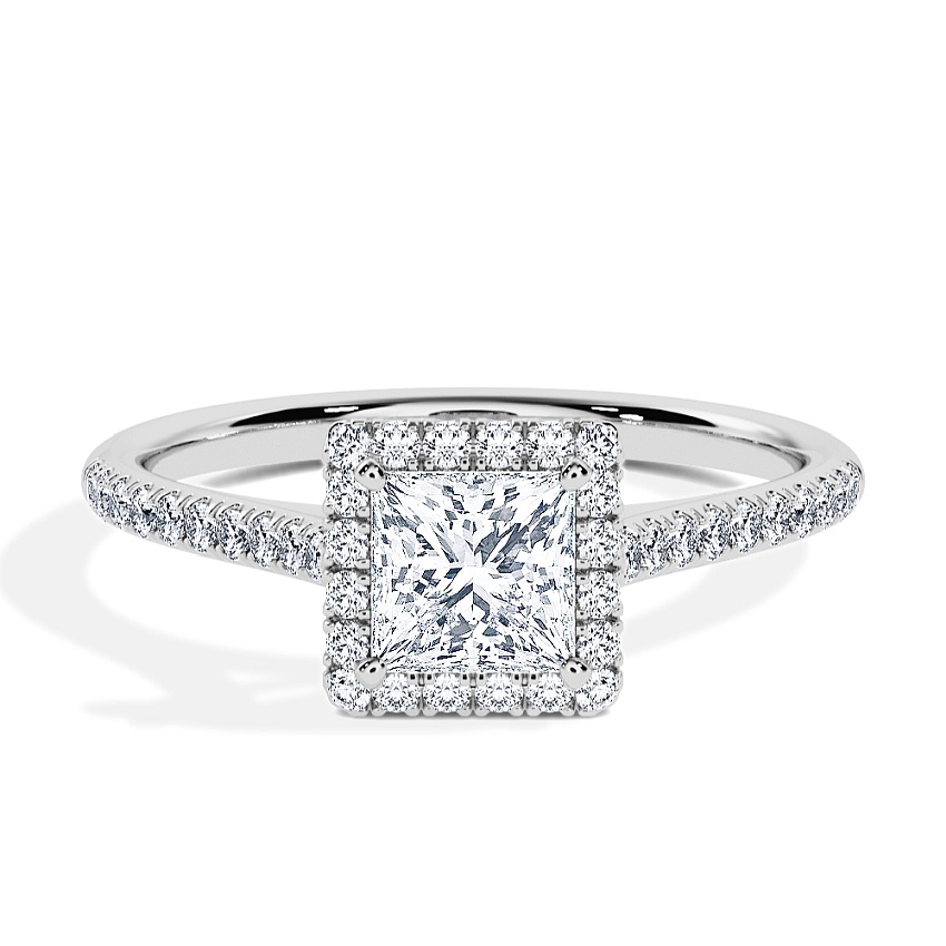 Engagement Ring Platinum - 0.62ct Princess - Model N°3408, Halo, Pavé Engagement Ring Platinum - 0.62ct Princess - Model N°3408, Halo, Pavé