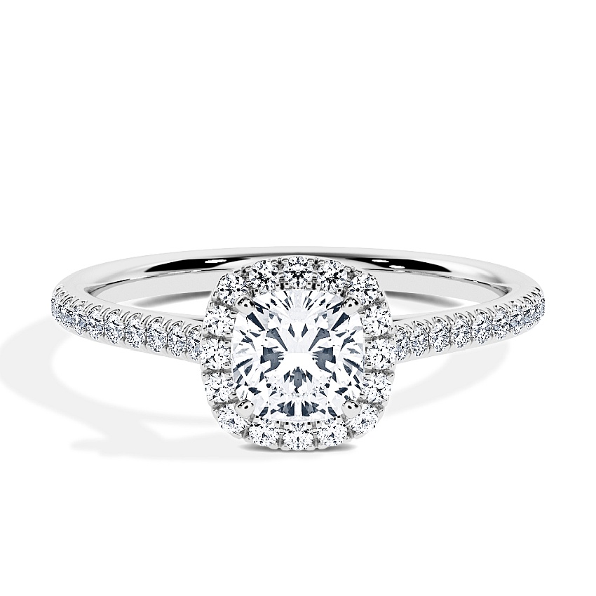 Engagement Ring White Gold - 0.84ct Cushion - Model N°3409, Halo, Pavé Engagement Ring White Gold - 0.84ct Cushion - Model N°3409, Halo, Pavé