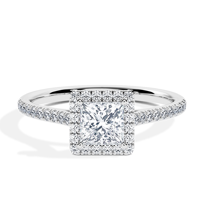 Engagement Ring White Gold - 0.62ct Princess - Model N°3409, Halo, Pavé Engagement Ring White Gold - 0.62ct Princess - Model N°3409, Halo, Pavé